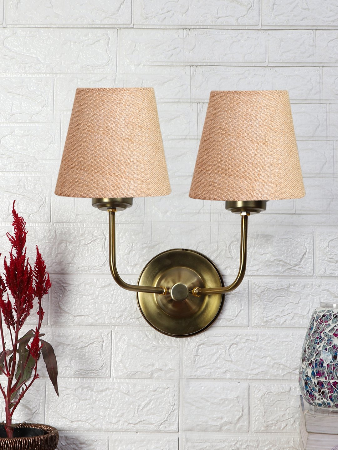 Ambika Home Dual Beige Jute Conical Shade Wall Mounted Lamp with Gold Metal Base for Living Room & Hall | Luxury Decorative Wall Light for Living Room, Bedroom, Hallway & Home Décor