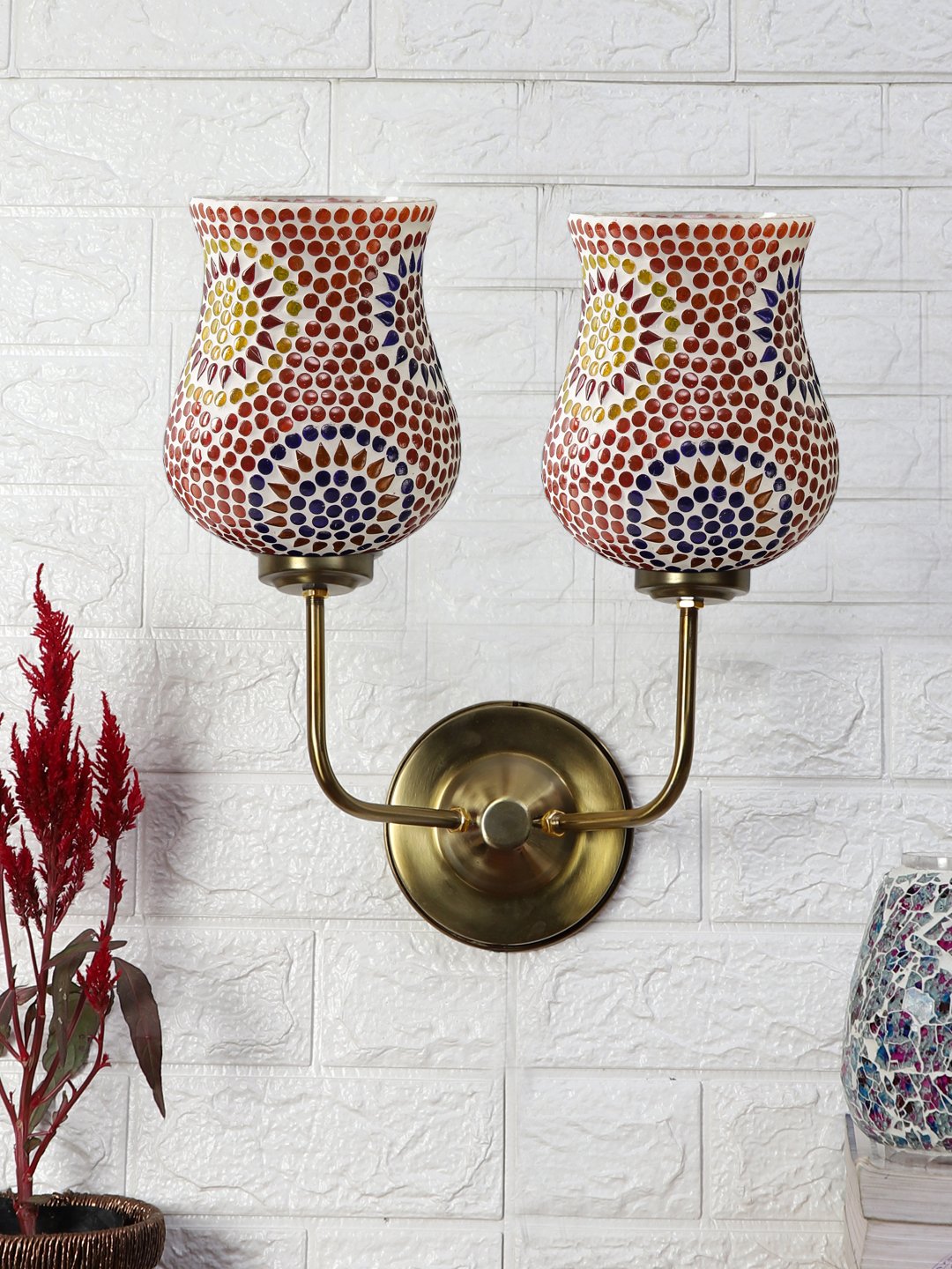 Ambika Home Dual Handcrafted Mosaic Glass Wall Light – Multicolor Luxury Gold Base | Luxury Decorative Wall Light for Living Room, Bedroom, Hallway & Home Décor