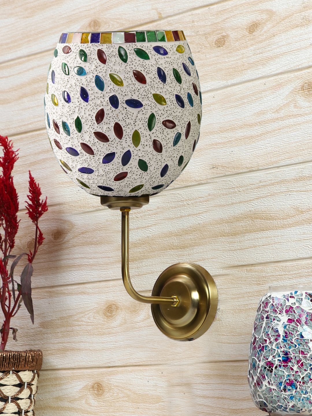 Ambika Home Handcrafted Multicolor Mosaic Glass Wall Light with Premium Gold Base | Luxury Decorative Wall Light for Living Room, Bedroom, Hallway & Home Décor