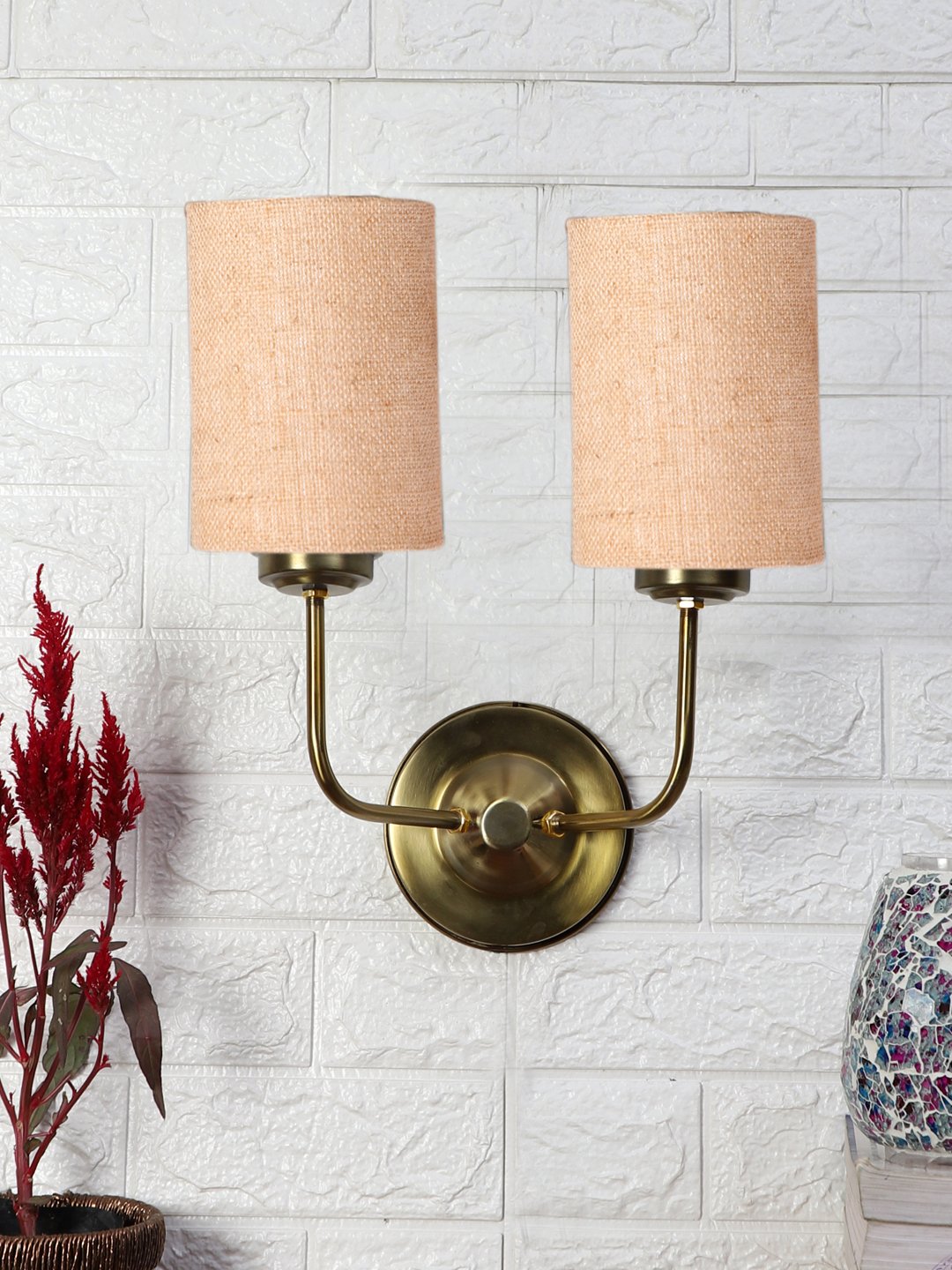 Ambika Home Dual Beige Jute Wall Mounted Lamp with Gold Metal Base for Living Room & Hall | Luxury Decorative Wall Light for Living Room, Bedroom, Hallway & Home Décor