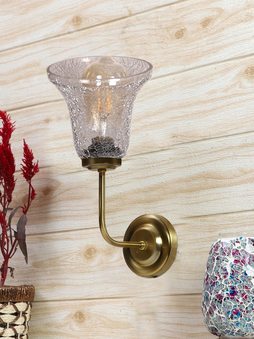 Ambika Home Gold wall mounted Lamp with Transparent Crinkle Glass | Modern Wall Light for Living Room Bedroom Hallway Lobby Staircase | Decorative Indoor Wall Sconce