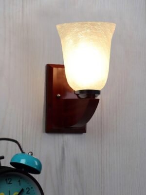 Ambika Home Wooden Wall Lamp with White Milky Crinkle Glass | Modern Wall Light for Living Room Bedroom Hallway Lobby Staircase | Decorative Indoor Wall Sconce