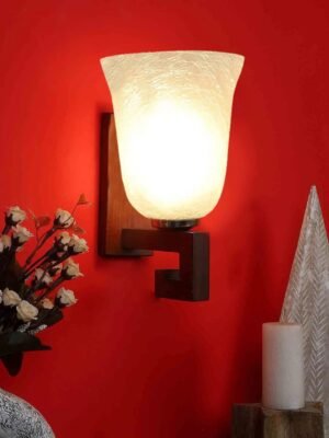 Ambika Home Wooden Wall Lamp with White Milky Crinkle Glass | Modern Wall Light for Living Room Bedroom Hallway Lobby Staircase | Decorative Indoor Wall Sconce