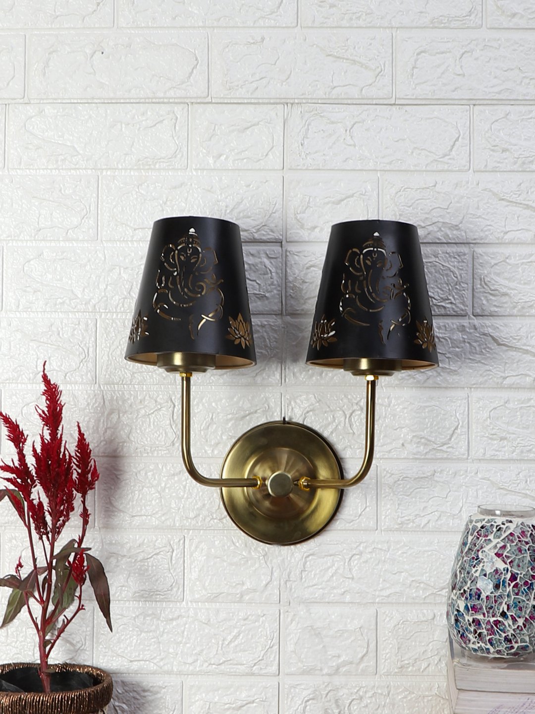 Ambika Home Dual Metal Etched Wall Mounted Lamp with Golden Base for Living Room & Hall | Luxury Decorative Wall Light for Living Room, Bedroom, Hallway & Home Décor