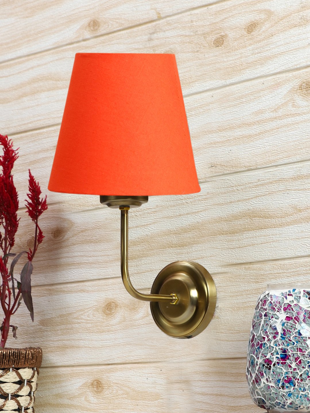 Ambika Home Premium Orange Cotton Conical Wall Mounted Lamp with Gold Base for Hall & Corridor | Luxury Decorative Wall Light for Living Room, Bedroom, Hallway & Home Décor