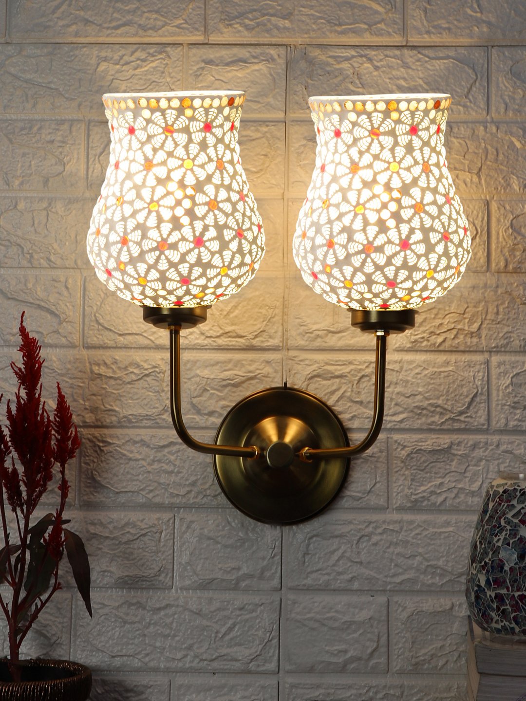 Ambika Home Dual Handcrafted Multicolor Mosaic Glass Wall Lamp with Luxury Gold Base | Luxury Decorative Wall Light for Living Room, Bedroom, Hallway & Home Décor - Image 2