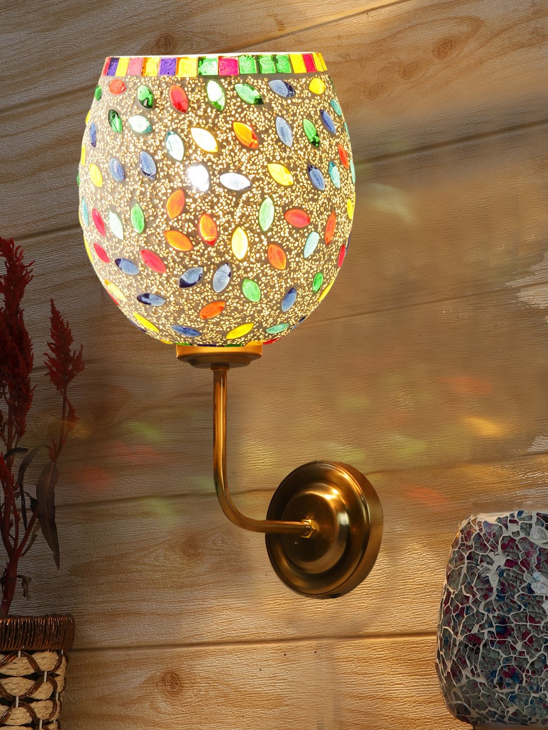 Ambika Home Handcrafted Multicolor Mosaic Glass Wall Light with Premium Gold Base | Luxury Decorative Wall Light for Living Room, Bedroom, Hallway & Home Décor - Image 2