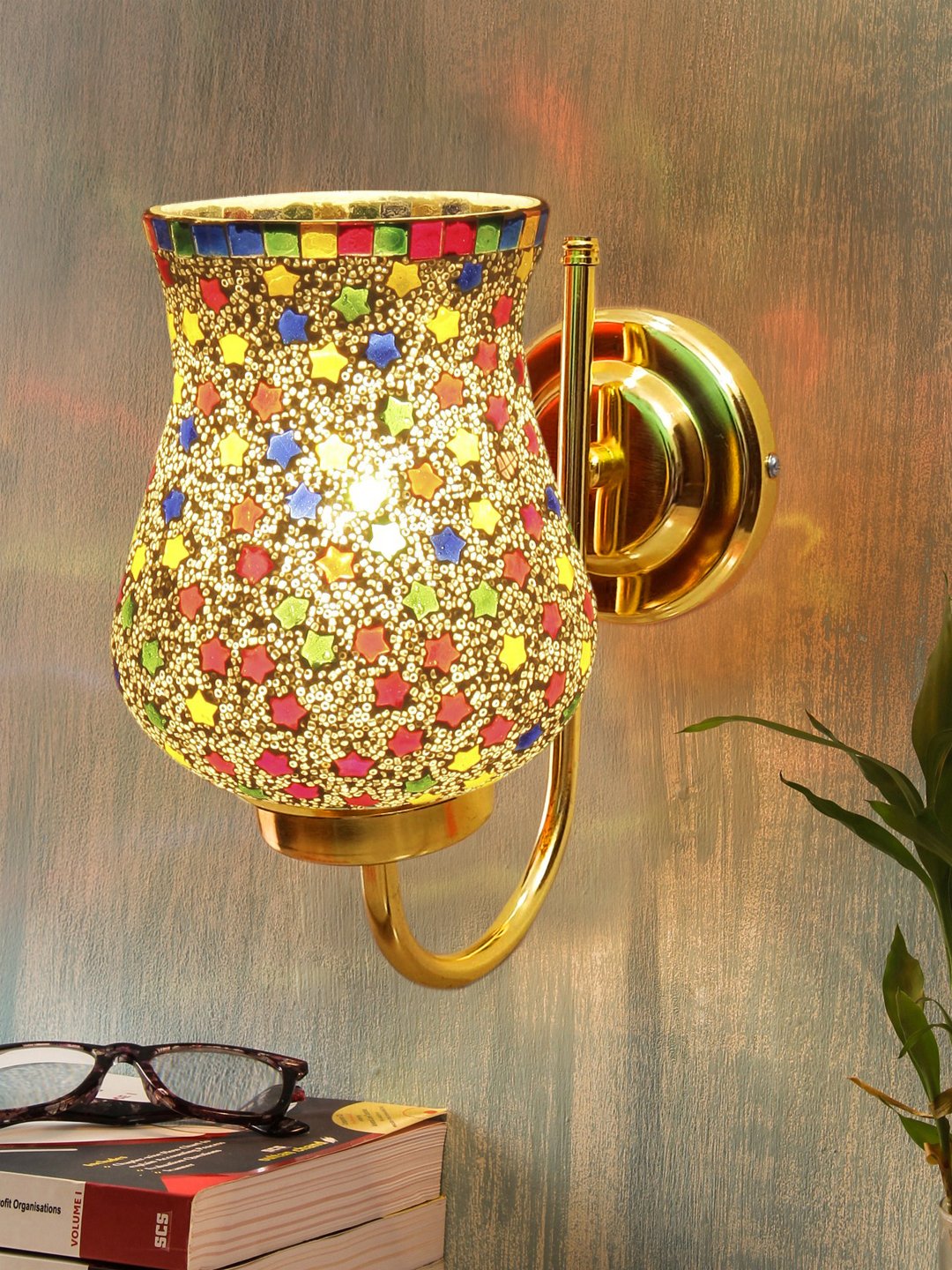 Ambika Home Multicolor Mosiac Glass wall mounted Gold Lamp | Modern Decorative Wall Lamp for Living Room, Bedroom & Hallway - Image 2