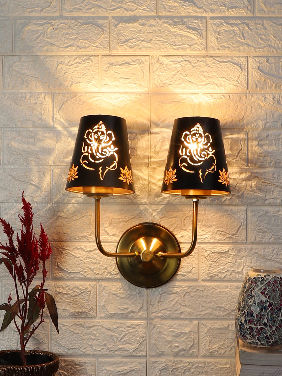 Ambika Home Dual Metal Etched Wall Mounted Lamp with Golden Base for Living Room & Hall | Luxury Decorative Wall Light for Living Room, Bedroom, Hallway & Home Décor - Image 2
