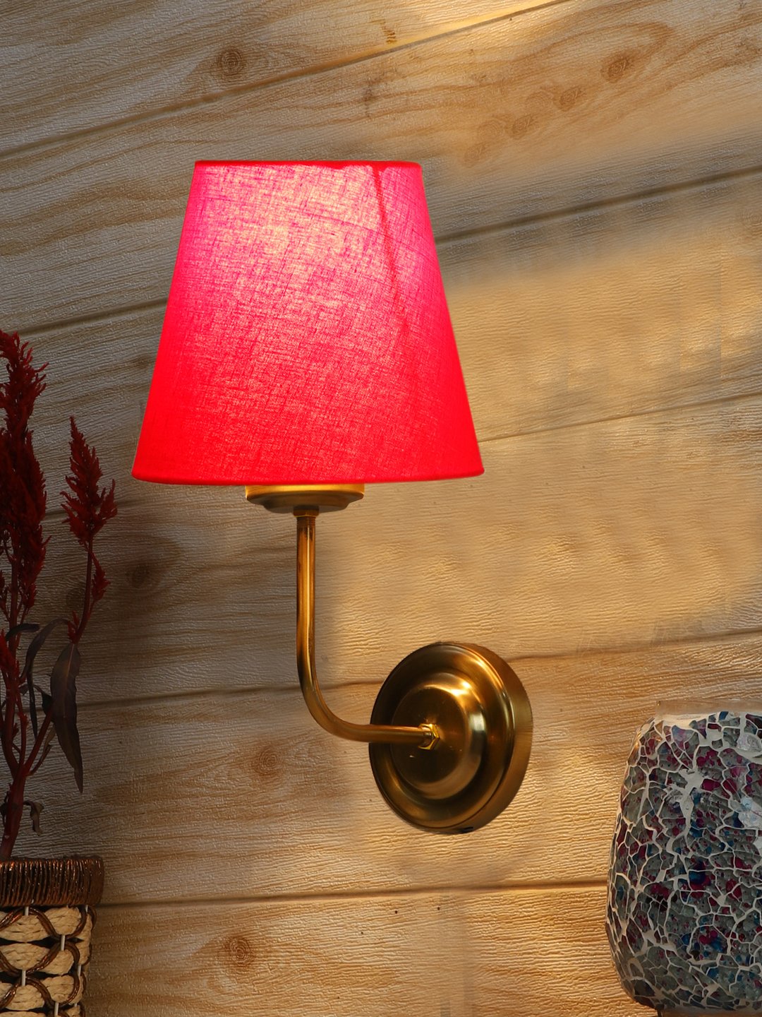 Ambika Home Elegant Red Cotton Conical Wall Mounted Lamp with Gold Base for Living Room Décor | Luxury Decorative Wall Light for Living Room, Bedroom, Hallway & Home Décor - Image 2