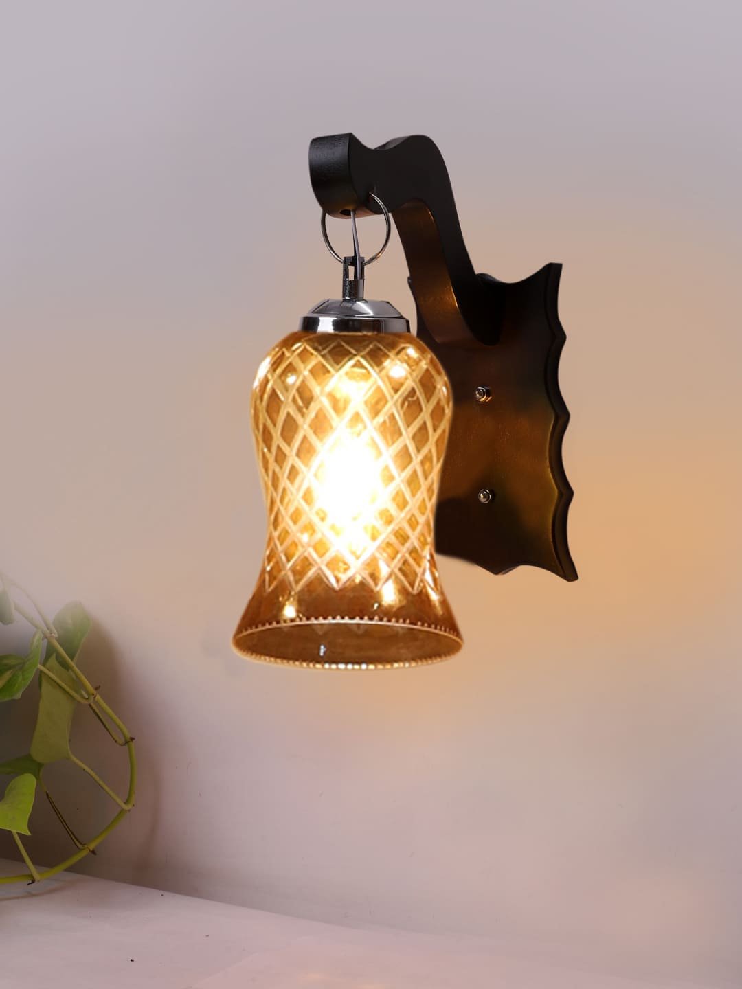 Ambika Home Wooden Wall Lamp with Amber Smoke Glass | Modern Wall Light for Living Room Bedroom Hallway Lobby Staircase | Decorative Indoor Wall Sconce - Image 2
