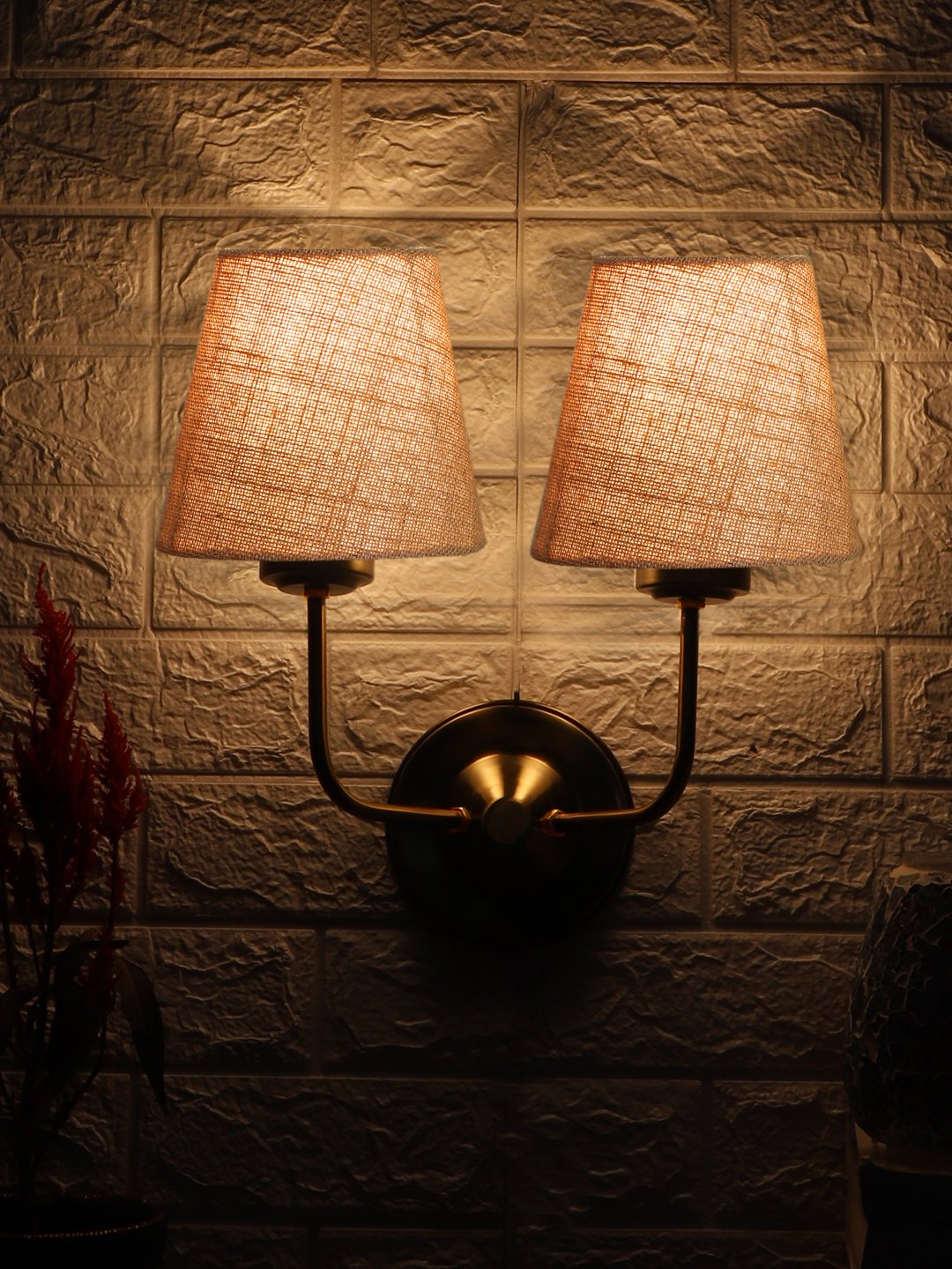 Ambika Home Dual Beige Jute Conical Shade Wall Mounted Lamp with Gold Metal Base for Living Room & Hall | Luxury Decorative Wall Light for Living Room, Bedroom, Hallway & Home Décor - Image 3