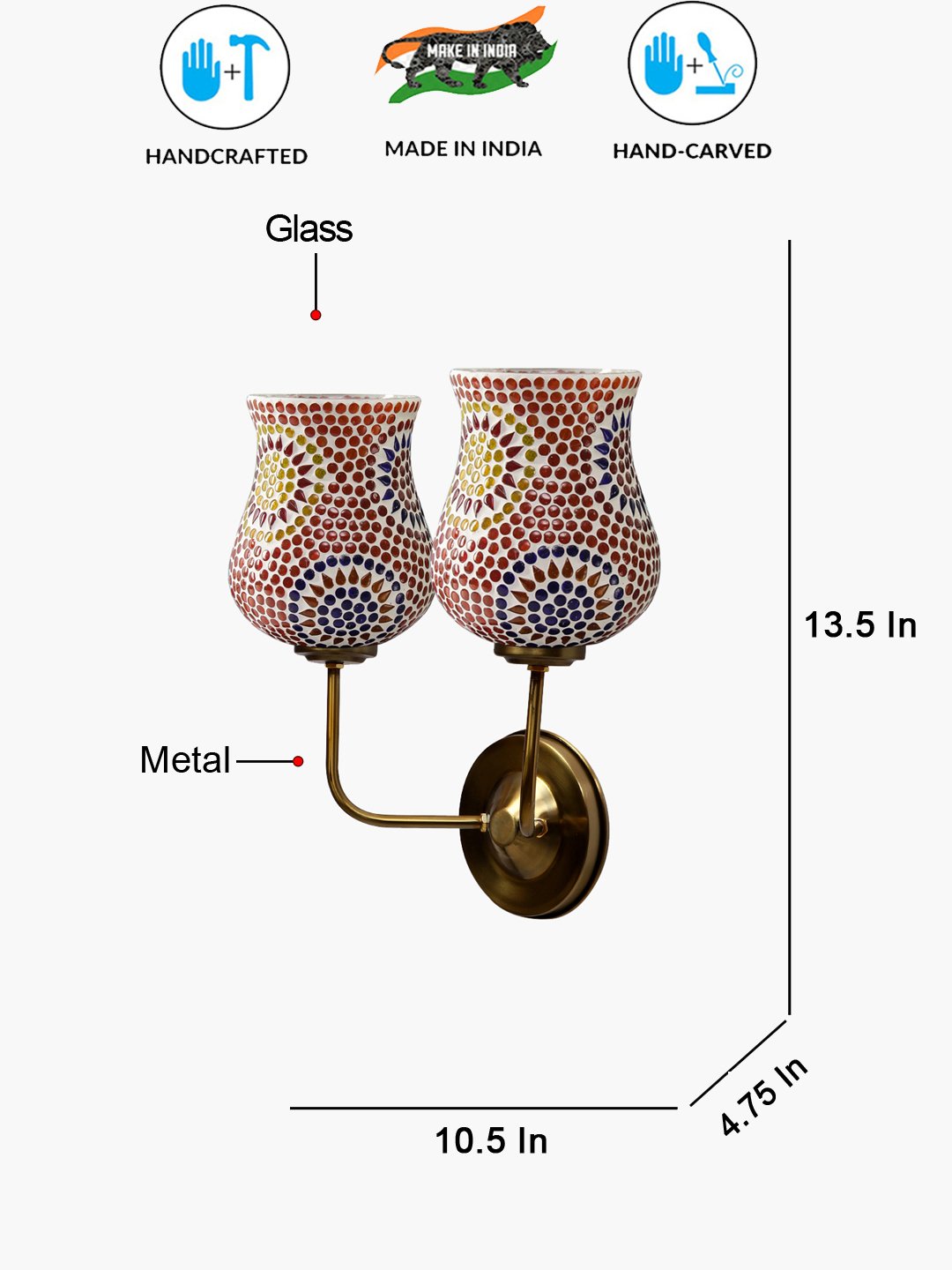 Ambika Home Dual Handcrafted Mosaic Glass Wall Light – Multicolor Luxury Gold Base | Luxury Decorative Wall Light for Living Room, Bedroom, Hallway & Home Décor - Image 4