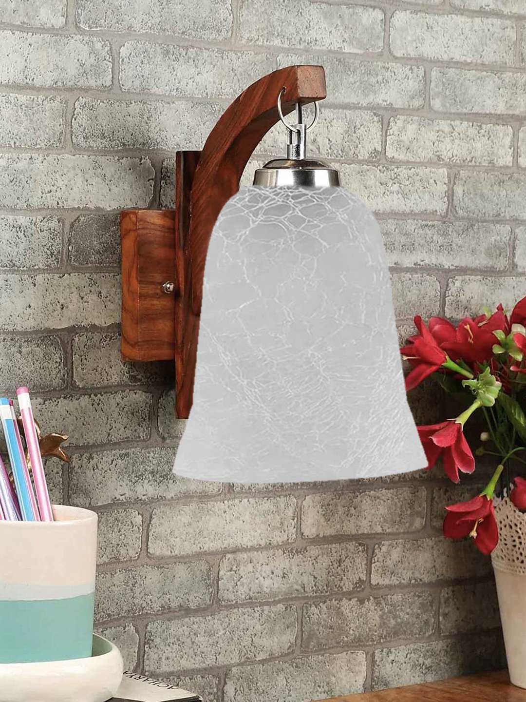 Ambika Home Wooden Wall Lamp with White Milky Crinkle Glass | Modern Wall Light for Living Room Bedroom Hallway Lobby Staircase | Decorative Indoor Wall Sconce