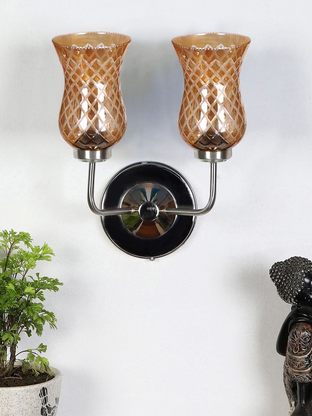 Ambika Home Dual Wall mounted Steel lamp with Amber Smoke Glass | Modern Wall Light for Living Room Bedroom Hallway Lobby Staircase | Decorative Indoor Wall Sconce