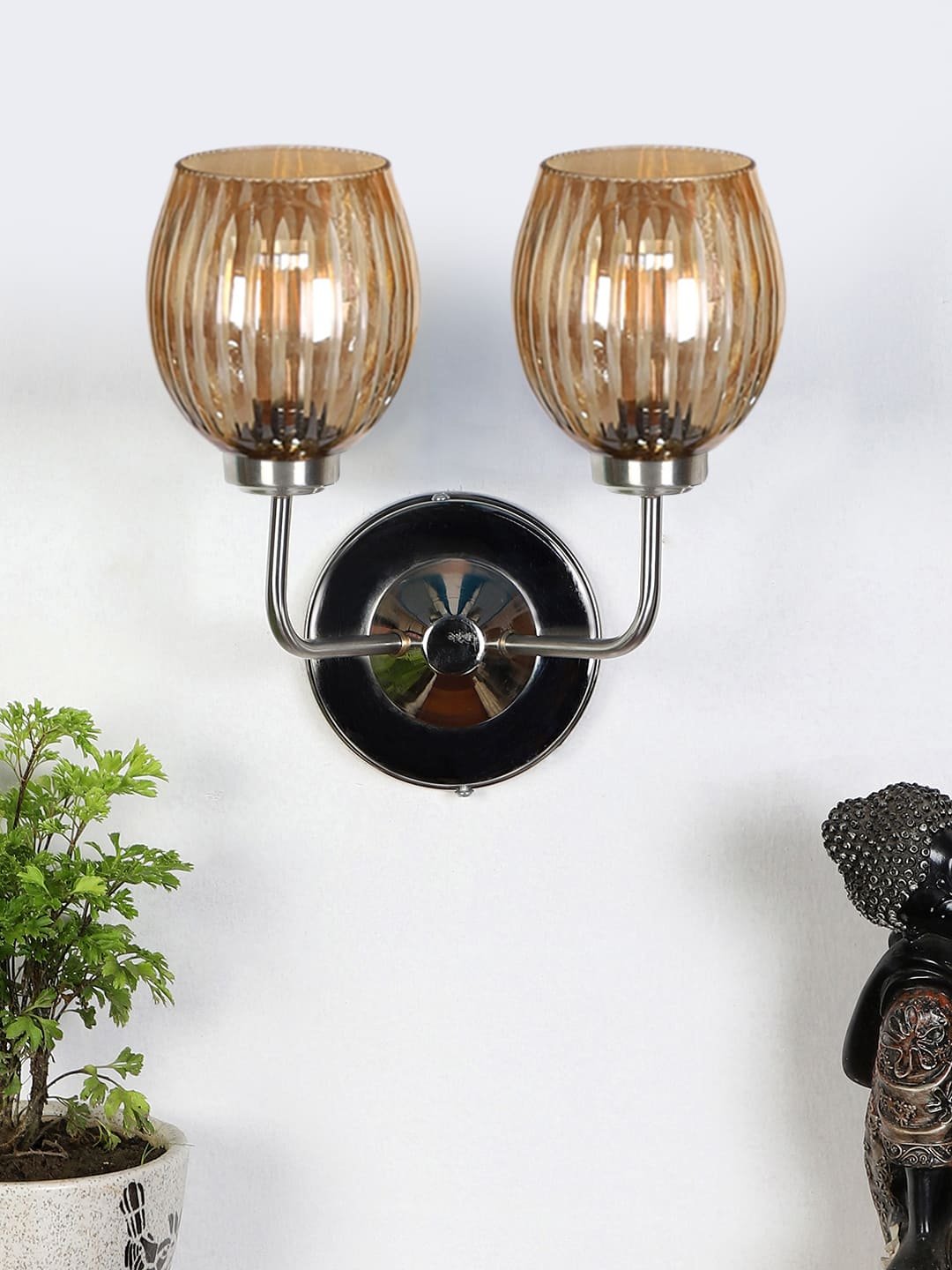 Ambika Home Dual Wall mounted Steel lamp with Diamond Cut Smoke Glass | Modern Wall Light for Living Room Bedroom Hallway Lobby Staircase | Decorative Indoor Wall Sconce