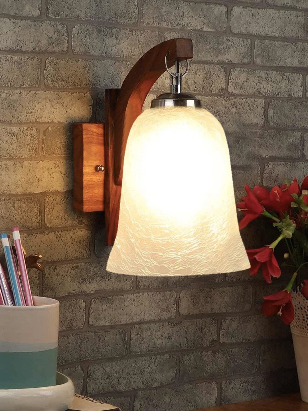 Ambika Home Wooden Wall Lamp with White Milky Crinkle Glass | Modern Wall Light for Living Room Bedroom Hallway Lobby Staircase | Decorative Indoor Wall Sconce - Image 2