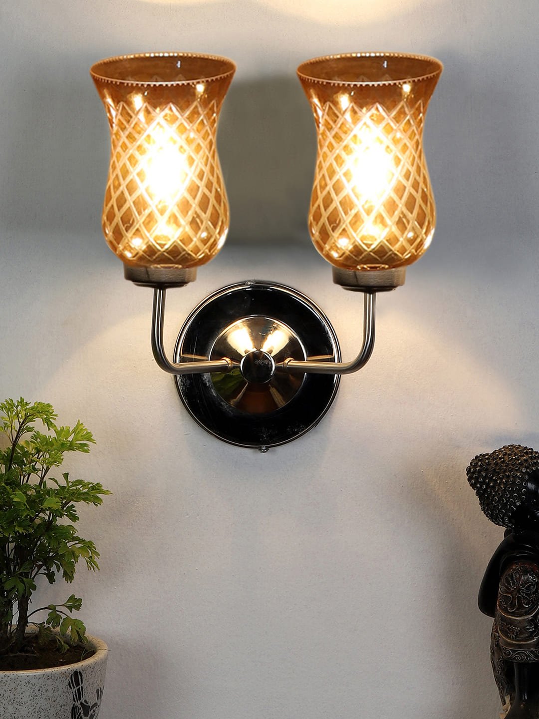 Ambika Home Dual Wall mounted Steel lamp with Amber Smoke Glass | Modern Wall Light for Living Room Bedroom Hallway Lobby Staircase | Decorative Indoor Wall Sconce - Image 5