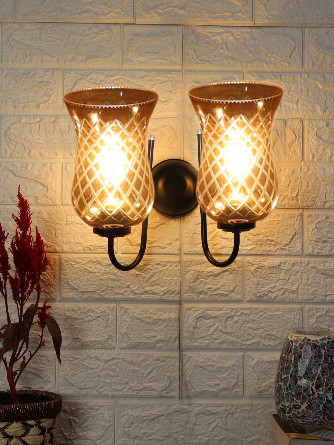 Ambika Home Dual Wall mounted Black lamp with Amber Smoke Glass | Modern Wall Light for Living Room Bedroom Hallway Lobby Staircase | Decorative Indoor Wall Sconce