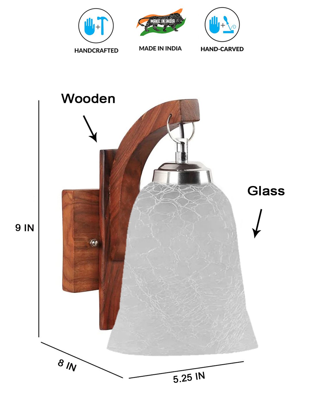 Ambika Home Wooden Wall Lamp with White Milky Crinkle Glass | Modern Wall Light for Living Room Bedroom Hallway Lobby Staircase | Decorative Indoor Wall Sconce - Image 6
