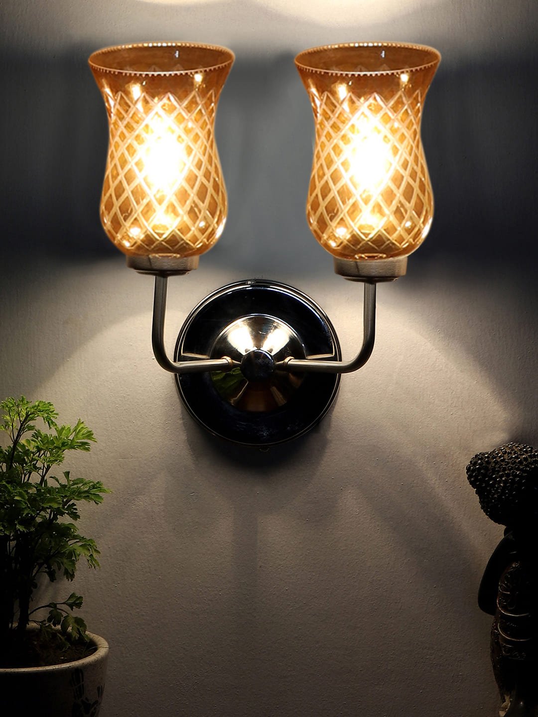 Ambika Home Dual Wall mounted Steel lamp with Amber Smoke Glass | Modern Wall Light for Living Room Bedroom Hallway Lobby Staircase | Decorative Indoor Wall Sconce - Image 4