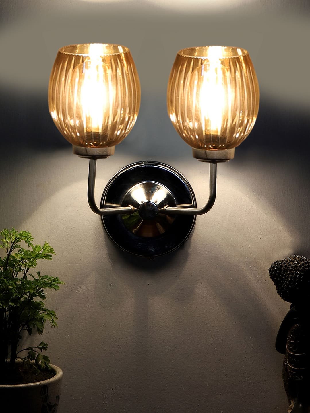 Ambika Home Dual Wall mounted Steel lamp with Diamond Cut Smoke Glass | Modern Wall Light for Living Room Bedroom Hallway Lobby Staircase | Decorative Indoor Wall Sconce - Image 5