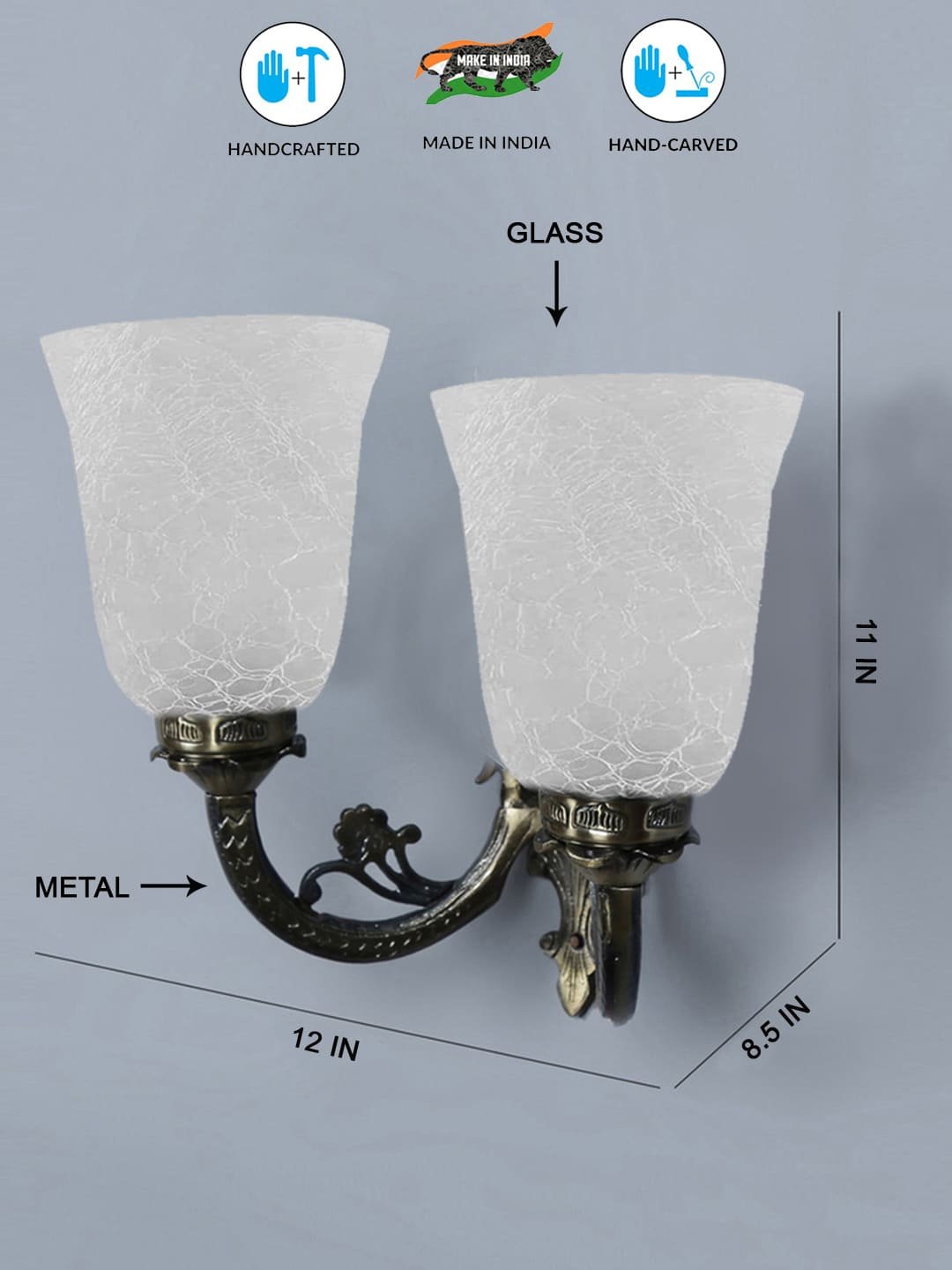 Ambika Home Dual Wall mounted Antique Gold lamp with White Milky Crinkle Glass | Modern Wall Light for Living Room Bedroom Hallway Lobby Staircase | Decorative Indoor Wall Sconce - Image 4