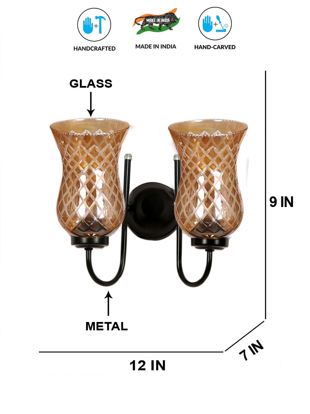 Ambika Home Dual Wall mounted Black lamp with Amber Smoke Glass | Modern Wall Light for Living Room Bedroom Hallway Lobby Staircase | Decorative Indoor Wall Sconce - Image 6