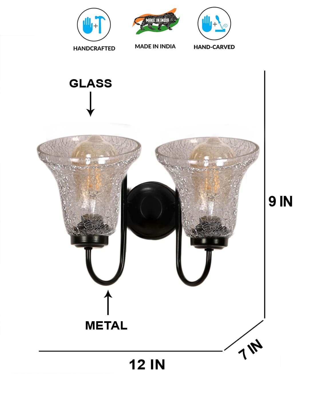 Ambika Home Dual Wall mounted Black lamp with Transparent Crinkle Glass | Modern Wall Light for Living Room Bedroom Hallway Lobby Staircase | Decorative Indoor Wall Sconce - Image 7