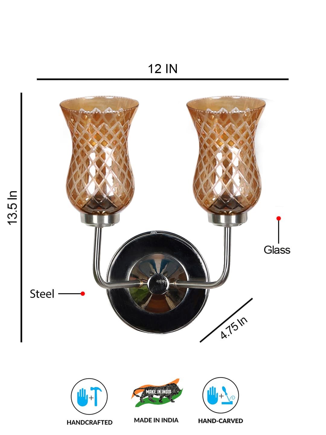 Ambika Home Dual Wall mounted Steel lamp with Amber Smoke Glass | Modern Wall Light for Living Room Bedroom Hallway Lobby Staircase | Decorative Indoor Wall Sconce - Image 2