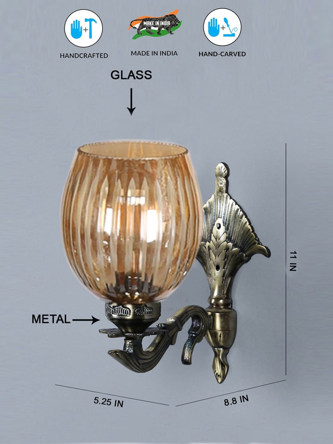 Ambika Home Antique wall lamp with Diamond Cut Smoke Glass | Modern Wall Light for Living Room Bedroom Hallway Lobby Staircase | Decorative Indoor Wall Sconce - Image 2