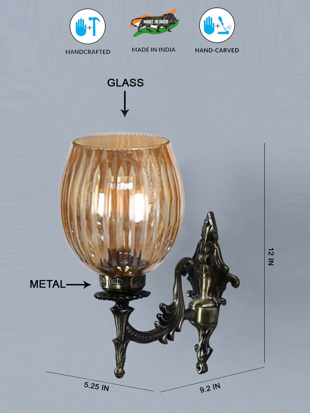Ambika Home Antique wall lamp with Diamond Cut Smoke Glass | Modern Wall Light for Living Room Bedroom Hallway Lobby Staircase | Decorative Indoor Wall Sconce - Image 2