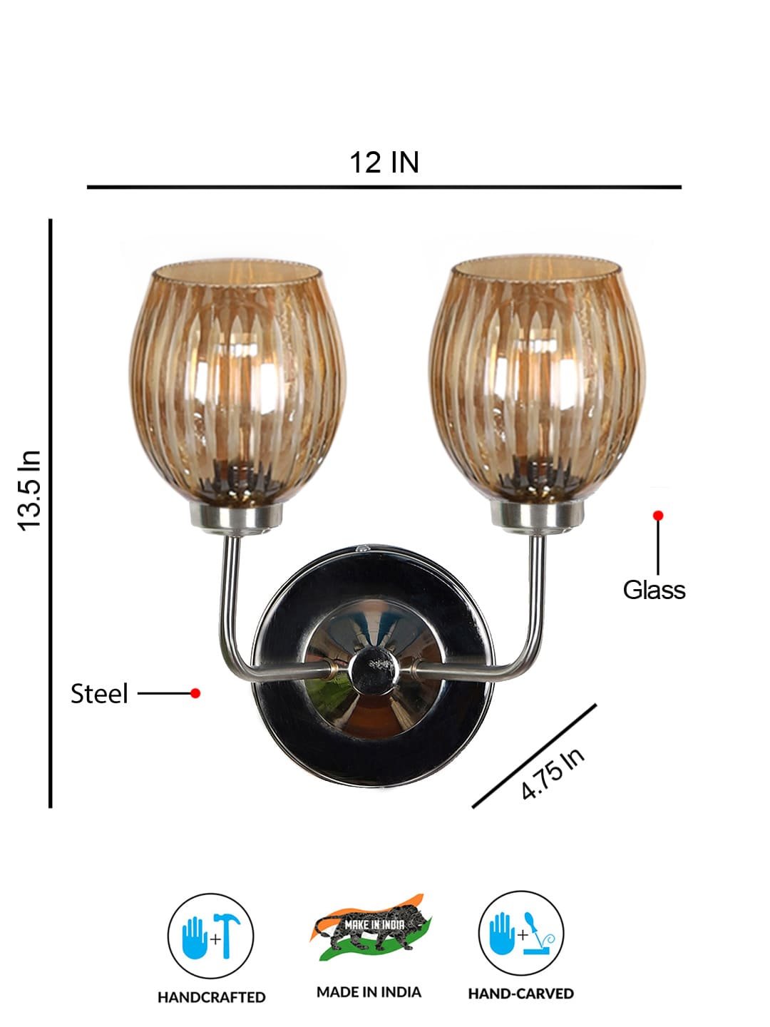 Ambika Home Dual Wall mounted Steel lamp with Diamond Cut Smoke Glass | Modern Wall Light for Living Room Bedroom Hallway Lobby Staircase | Decorative Indoor Wall Sconce - Image 3