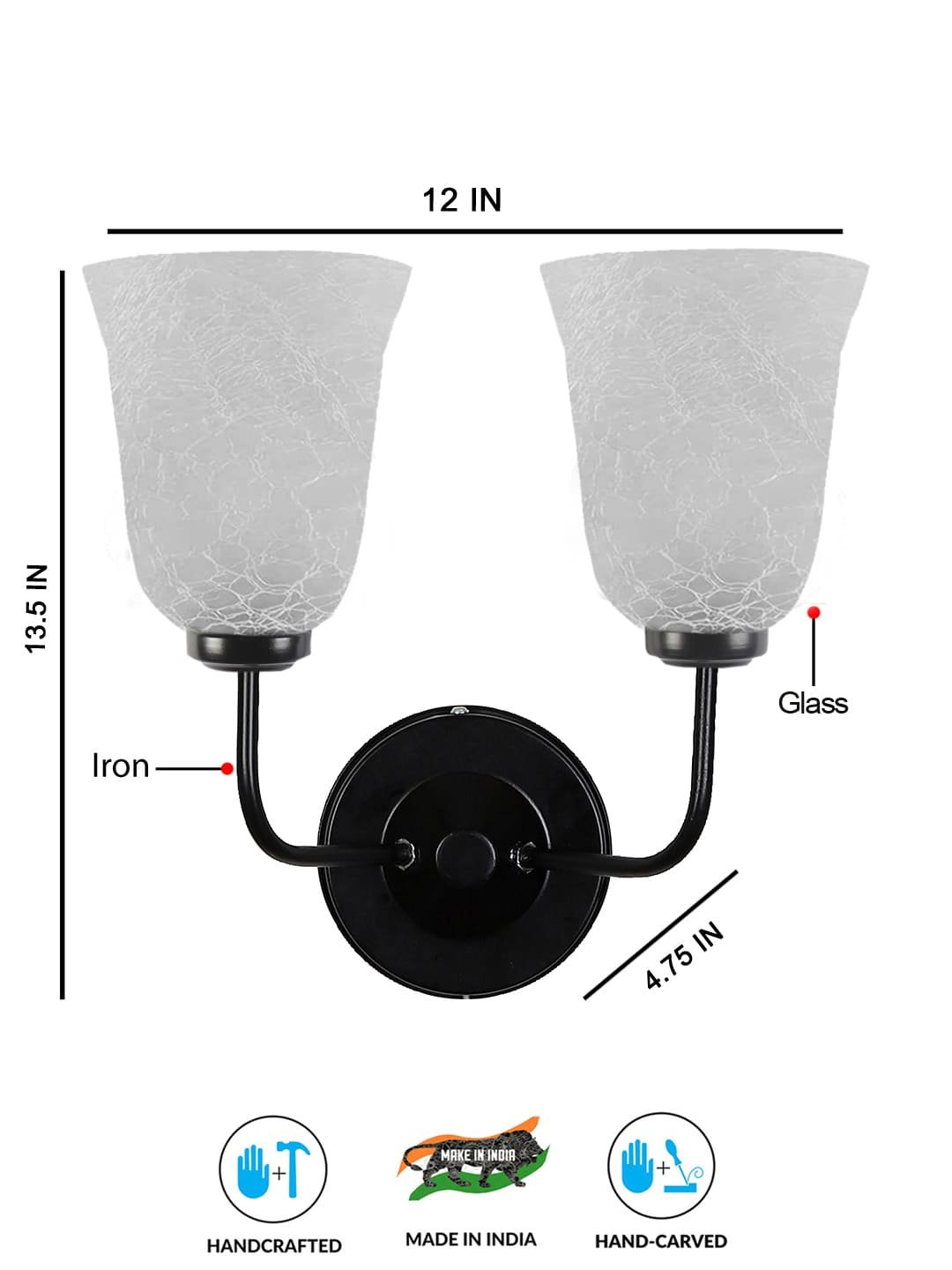 Ambika Home Dual Wall mounted Black lamp with White Milky Crinkle Glass | Modern Wall Light for Living Room Bedroom Hallway Lobby Staircase | Decorative Indoor Wall Sconce - Image 5