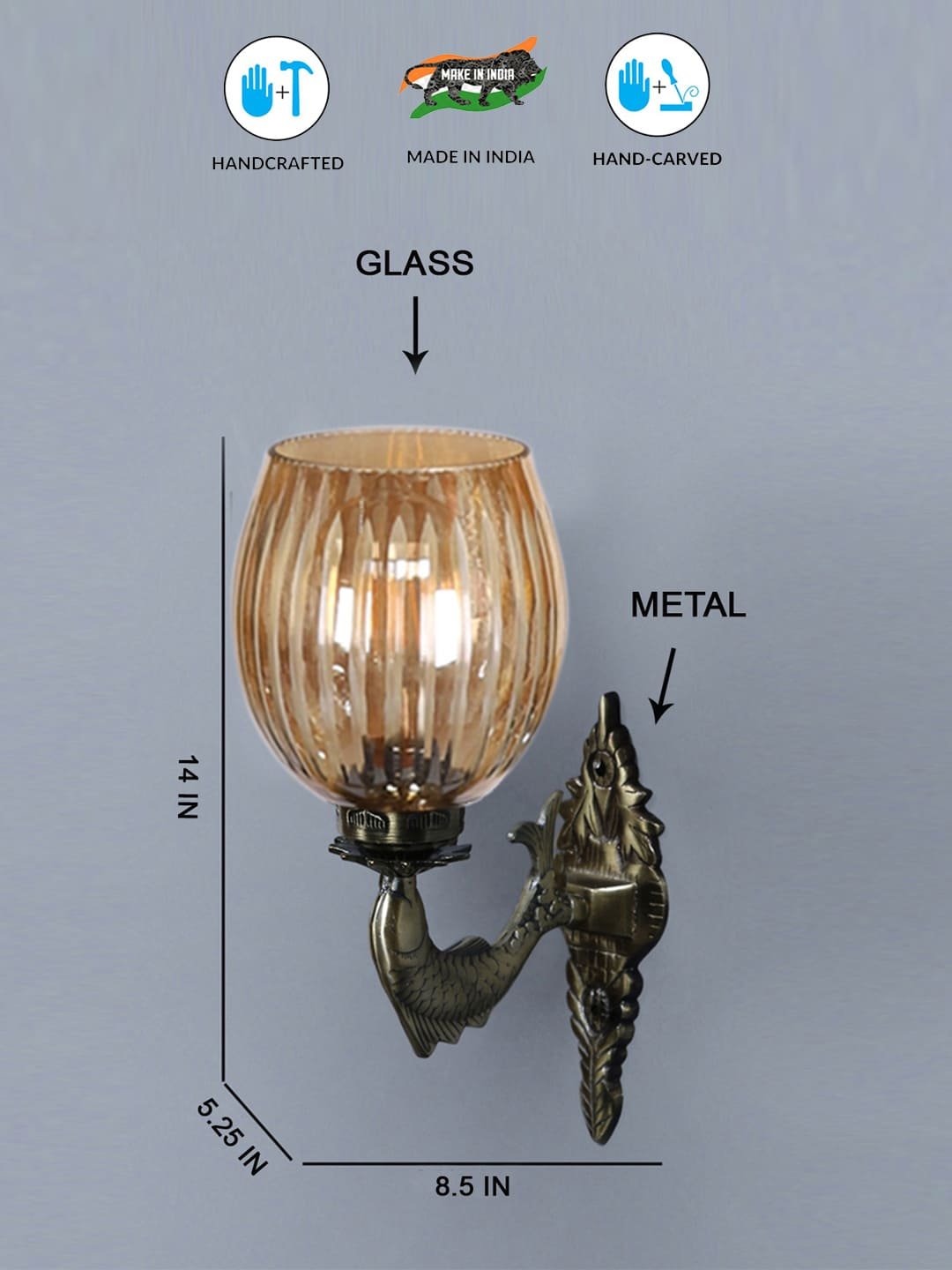 Ambika Home Antique wall lamp with Diamond Cut Smoke Glass | Modern Wall Light for Living Room Bedroom Hallway Lobby Staircase | Decorative Indoor Wall Sconce - Image 2