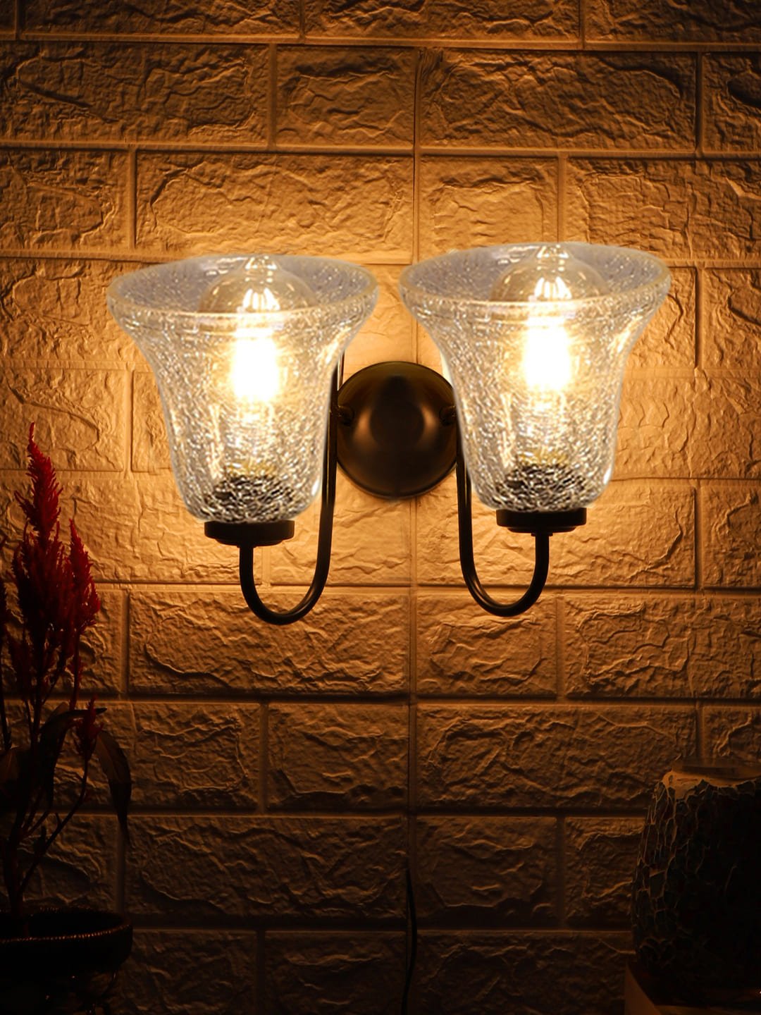 Ambika Home Dual Wall mounted Black lamp with Transparent Crinkle Glass | Modern Wall Light for Living Room Bedroom Hallway Lobby Staircase | Decorative Indoor Wall Sconce - Image 2