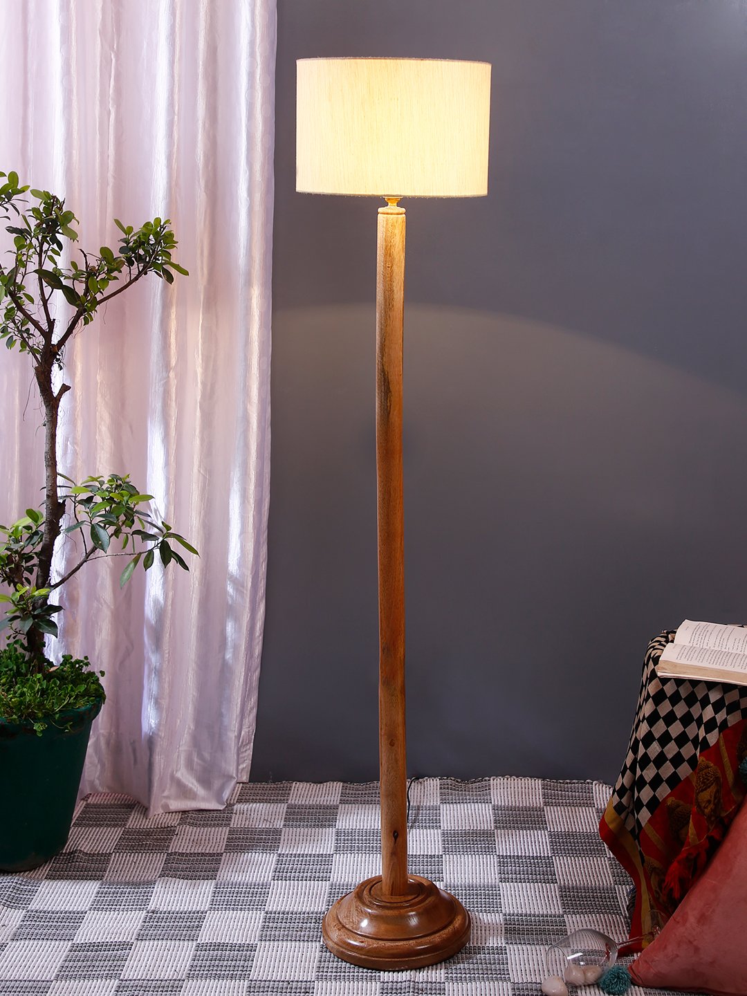 Ambika Home Off-white Shade Wooden Floor Lamp for Living Room, Bedroom & Hallway | Premium Wood Standing Lamp | E27 Holder Included Bulb