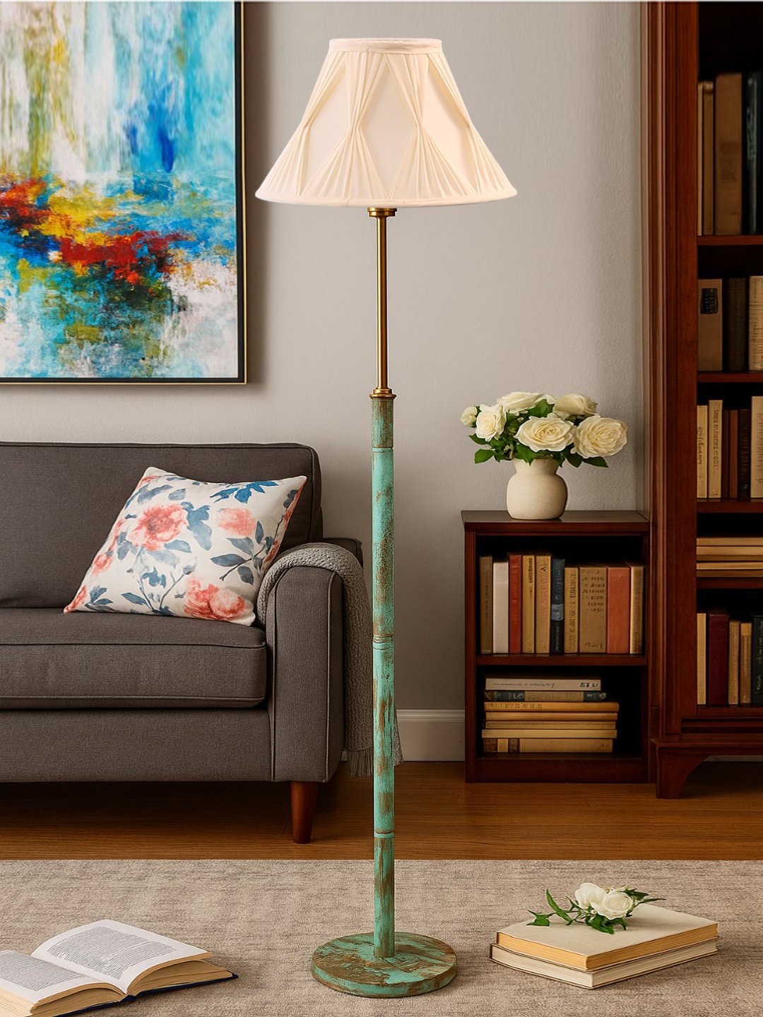 Ambika Home Off-white Shade Premium Floor Lamp for Living Room, Bedroom & Hallway | Decorative Standing Light | E27 Holder Included Bulb
