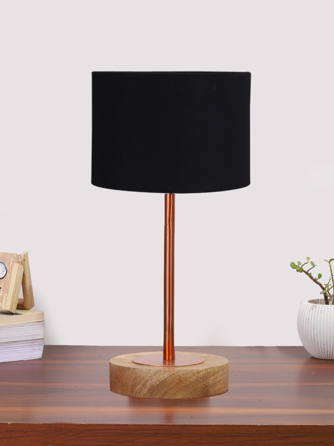 Ambika Home Luxury Premium Devansh Black cotton table lamp with Natural Wood Base & Copper Pipe (7X17 inches)-3 Lamp with Black Shade for Living Room, Bedroom & Hallway