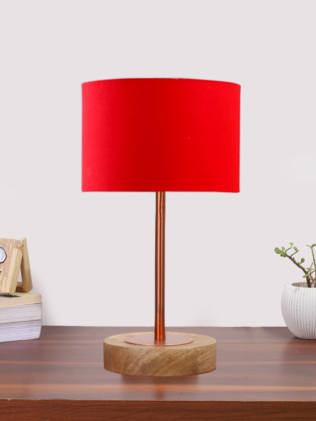 Ambika Home Luxury Premium Devansh Red cotton table lamp with Natural Wood Base & Copper Pipe (7X17 inches)-4 Lamp with Red Shade for Living Room, Bedroom & Hallway