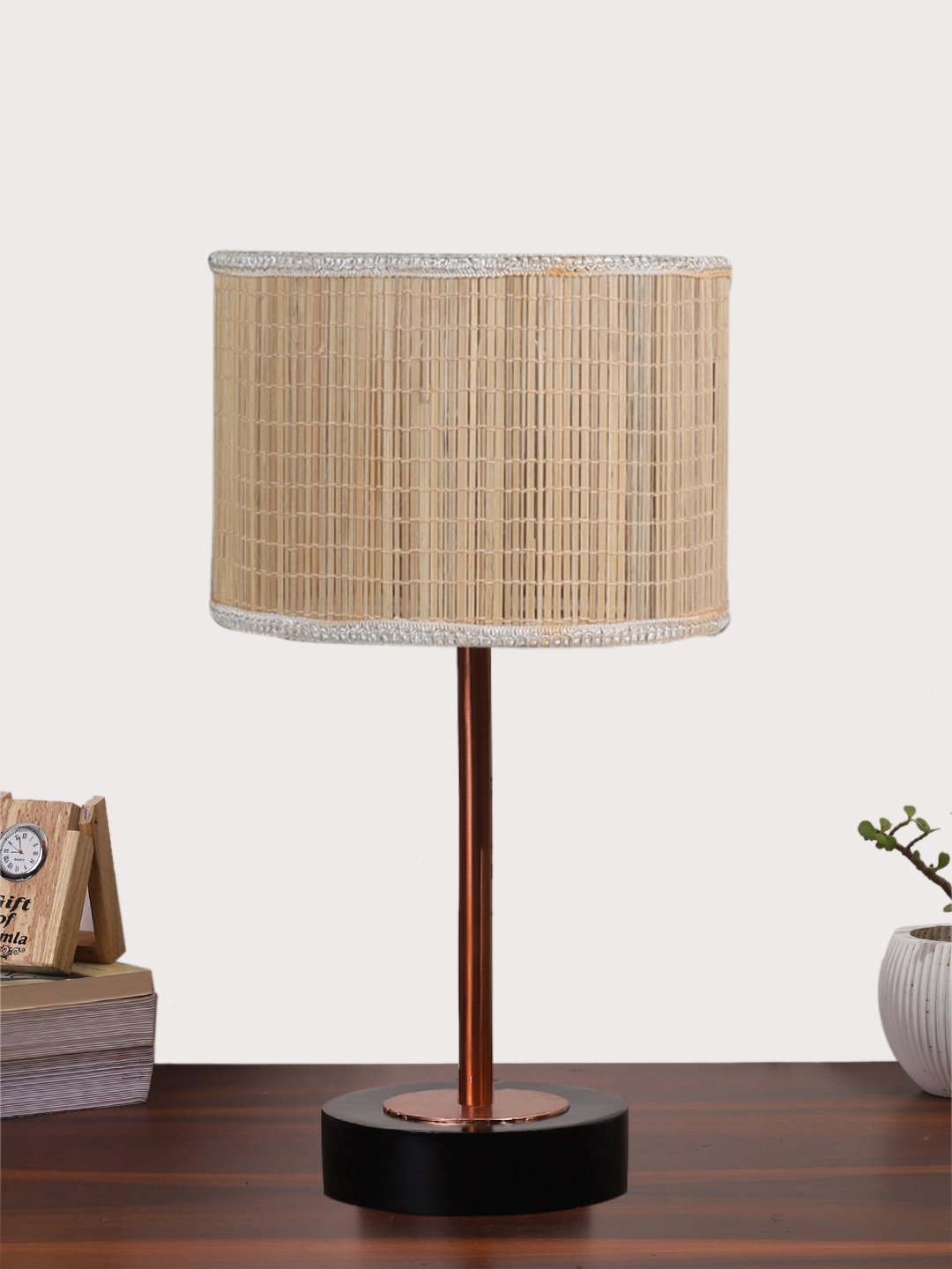 Ambika Home Luxury Premium Devansh Bamboo table lamp with Black wood base & Copper finish Metal -(7X17 inches)-1 Lamp with Beige Shade for Living Room, Bedroom & Hallway