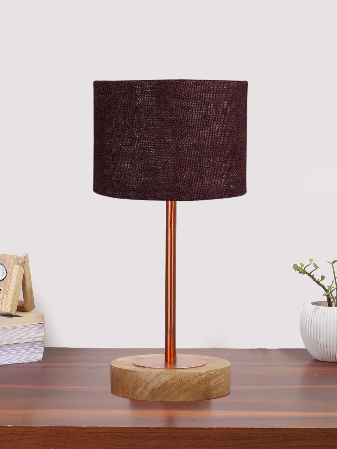 Ambika Home Luxury Premium Devansh Brown Jute table lamp with Natural Wood Base & Copper Pipe (7X17 inches)-17 Lamp with Brown Shade for Living Room, Bedroom & Hallway