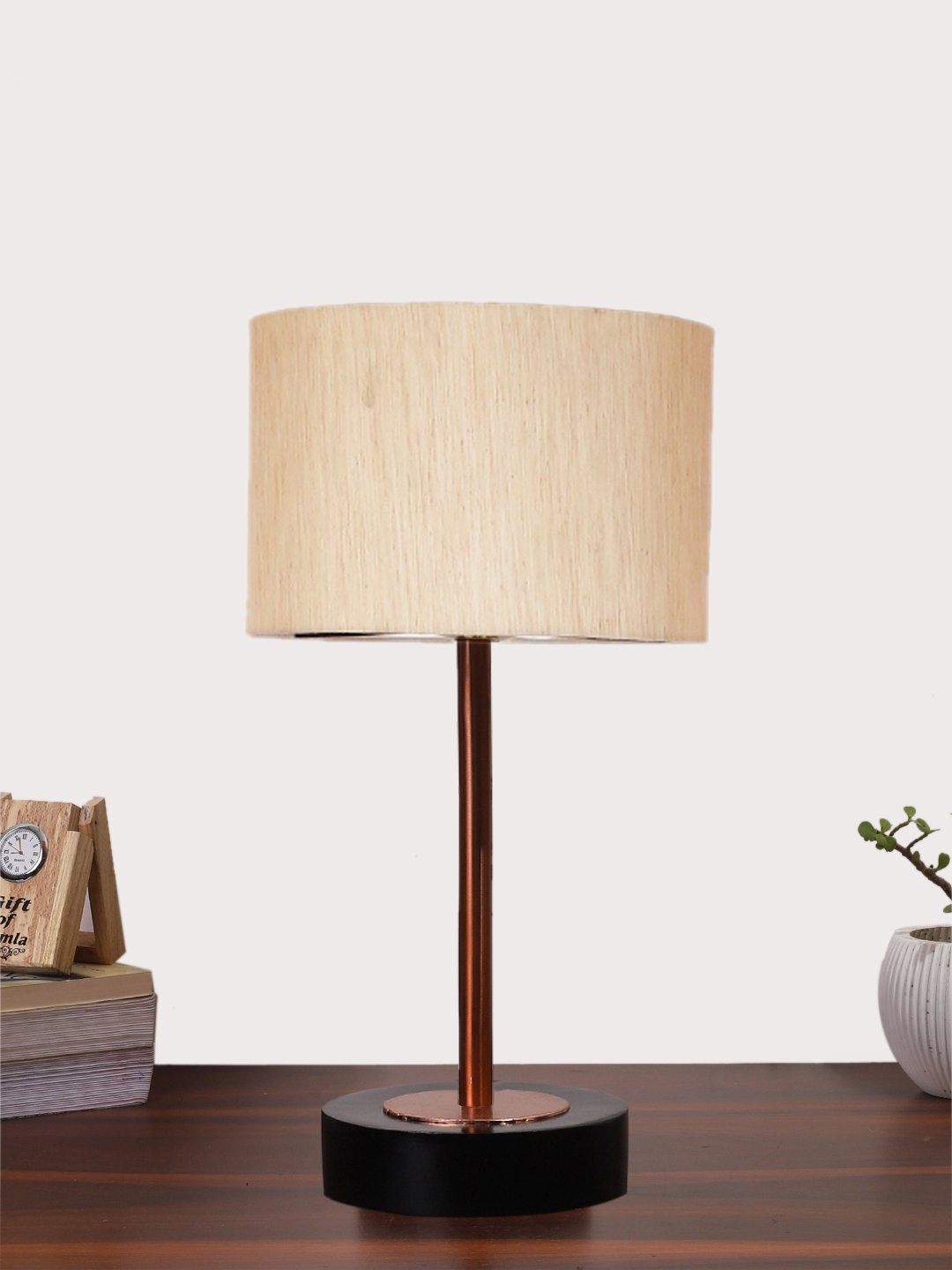 Ambika Home Luxury Premium Devansh off white cotton table lamp with Black wood base & Copper finish Metal (7X17 inches)-2 Lamp with off-white Shade for Living Room, Bedroom & Hallway