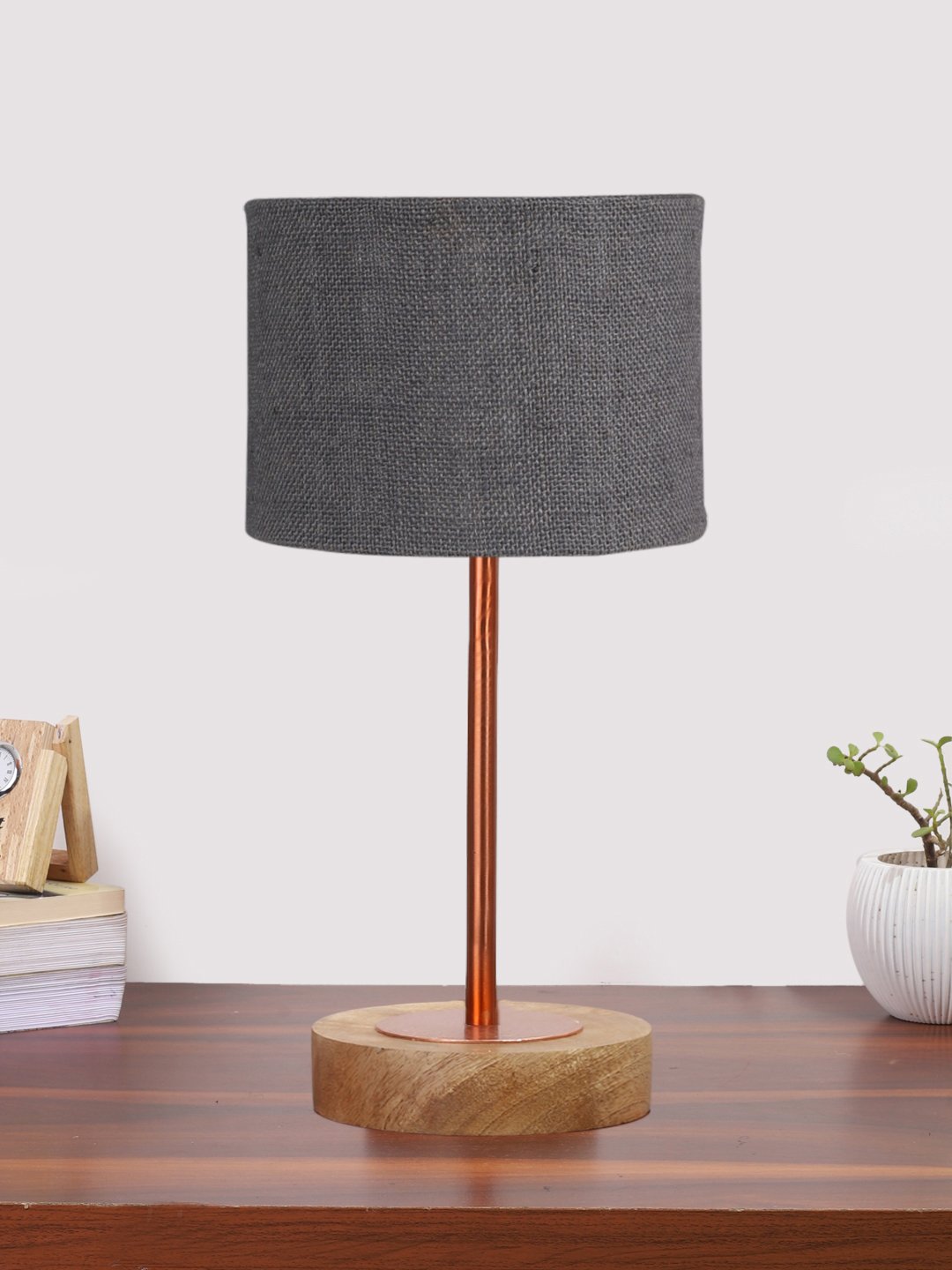 Ambika Home Luxury Premium Devansh Grey Jute table lamp with Natural Wood Base & Copper Pipe (7X17 inches)-17 Lamp with Grey Shade for Living Room, Bedroom & Hallway