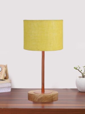 Ambika Home Luxury Premium Devansh Yellow Jute table lamp with Natural Wood Base & Copper Pipe (7X17 inches)-17 Lamp with Yellow Shade for Living Room, Bedroom & Hallway
