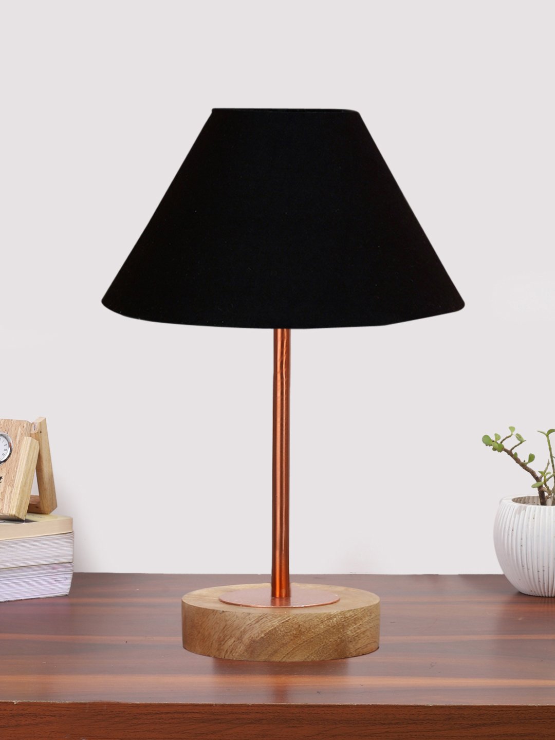 Ambika Home Luxury Premium Devansh Black cotton table lamp with Natural Wood Base & Copper Pipe (10X16.25 inches)-28 Lamp with Black Shade for Living Room, Bedroom & Hallway