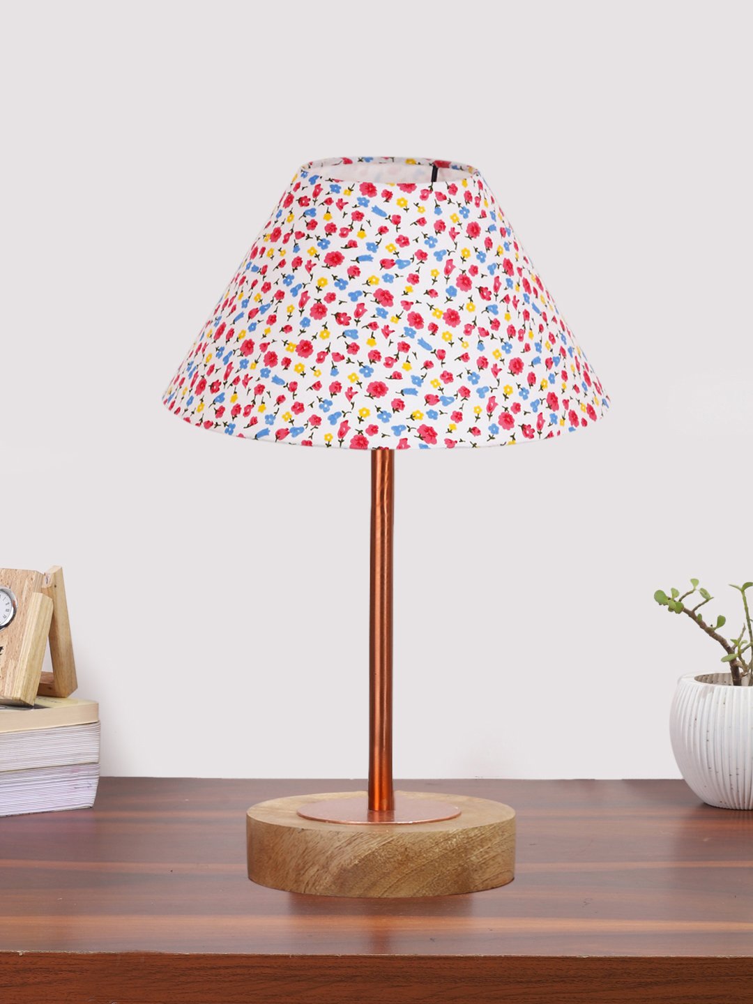 Ambika Home Luxury Premium Devansh Multicolor cotton table lamp with Natural Wood Base & Copper Pipe (10X16.25 inches)-40 Lamp with Multi Shade for Living Room, Bedroom & Hallway