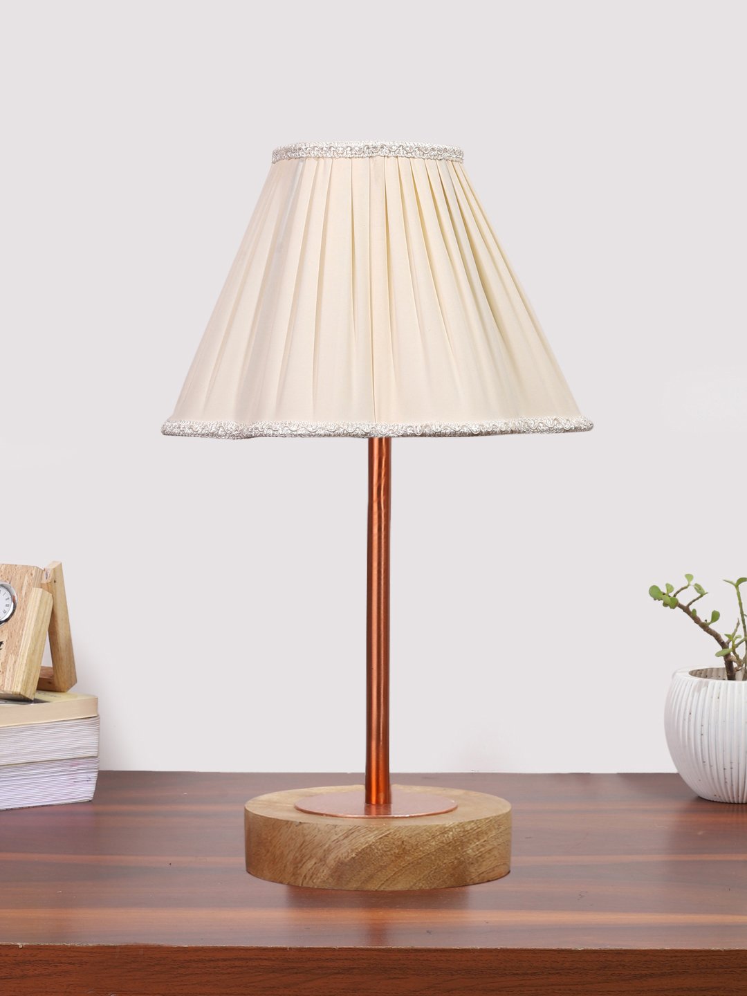 Ambika Home Luxury Premium Devansh Off-white cotton Vintage lamp with Natural Wood Base & Copper Pipe (12x8x19.25) Lamp with Off-white Shade for Living Room, Bedroom & Hallway