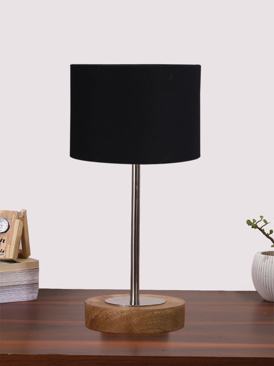 Ambika Home Luxury Premium Devansh Black cotton table lamp with Natural Wood Base & Steel Pipe (7X17 inches)-3 Lamp with Black Shade for Living Room, Bedroom & Hallway