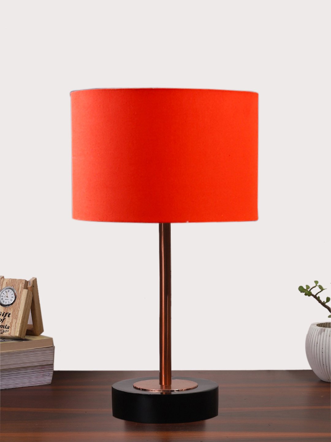 Ambika Home Luxury Premium Devansh Orange cotton table lamp with Black wood base & Copper finish Metal (7X17 inches)-5 Lamp with Orange Shade for Living Room, Bedroom & Hallway